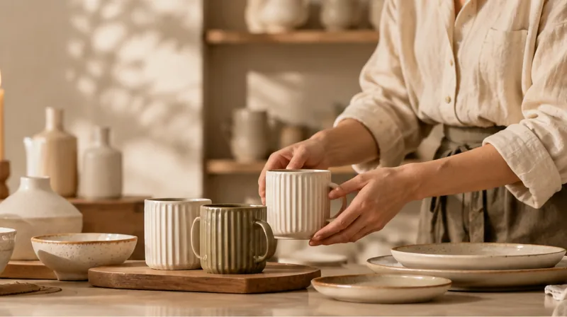 Editorial scene of ceramic tableware being selected