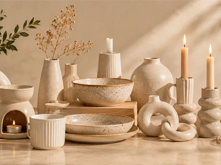 Editorial still life of ceramic vases, bowls, mugs and holders