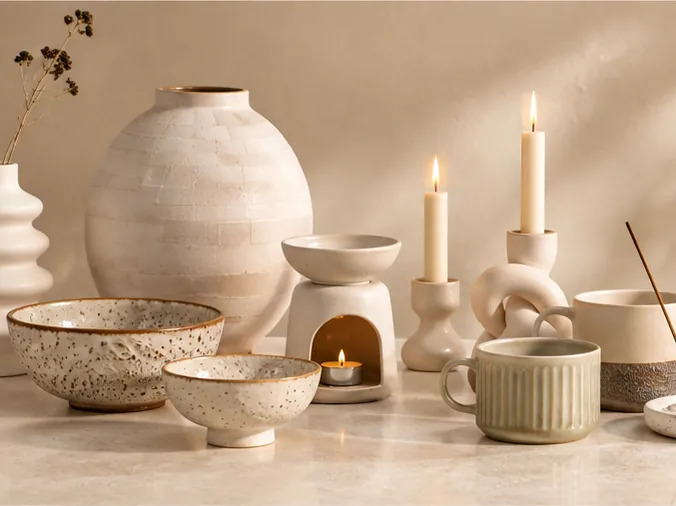 Editorial assortment of ceramic vases, bowls, mugs and candle holders
