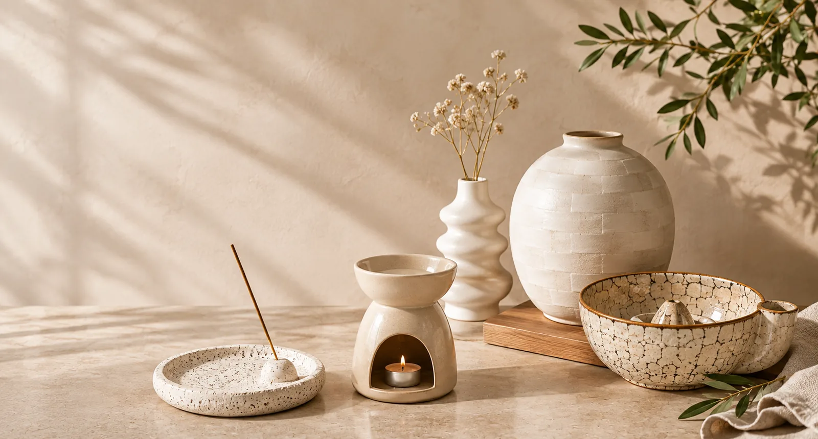 Editorial arrangement of ceramic vases, an oil burner, incense holder and bowl