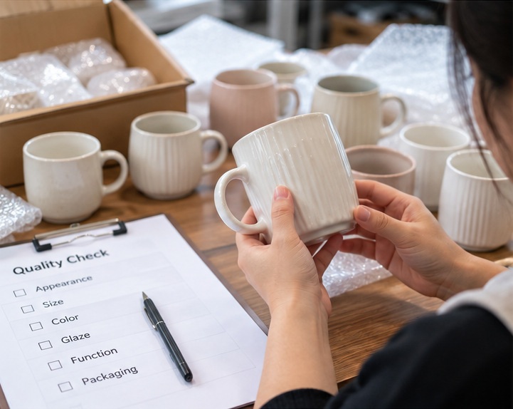 Ceramic mug being inspected for quality and packaging condition during an order review