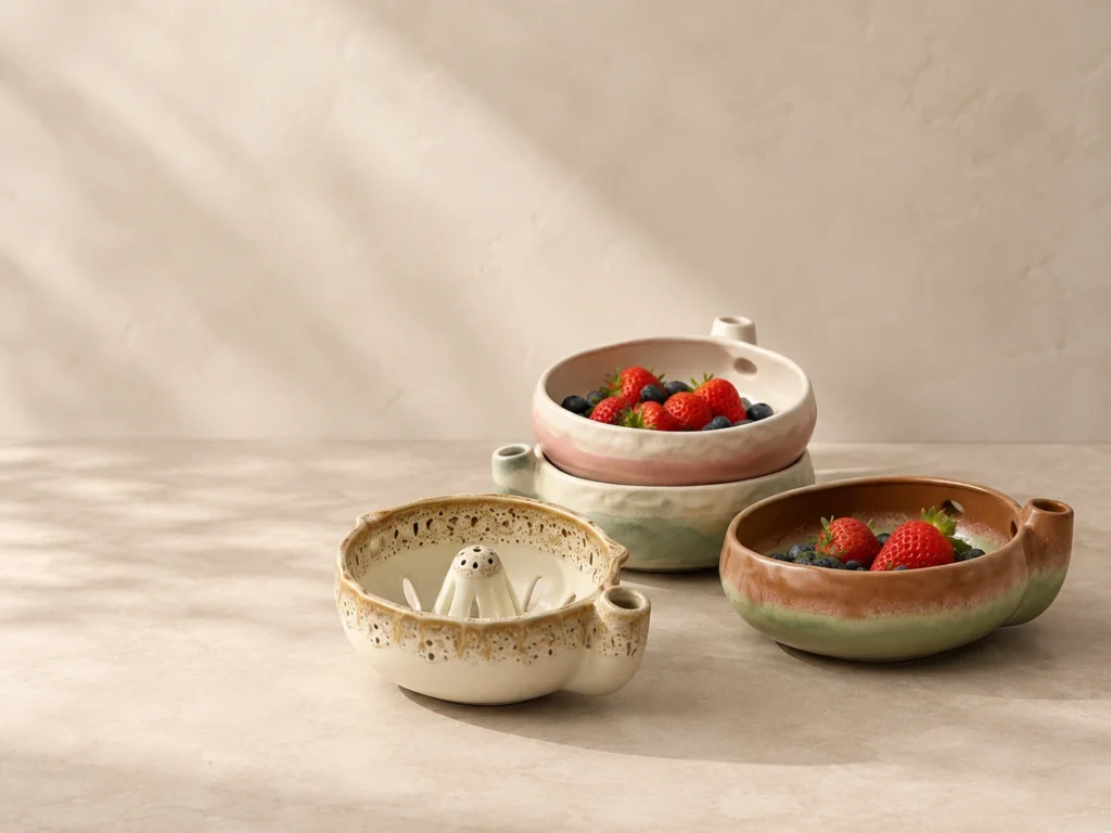 Assorted glazed ceramic berry bowls with strawberries and blueberries on a warm neutral tabletop