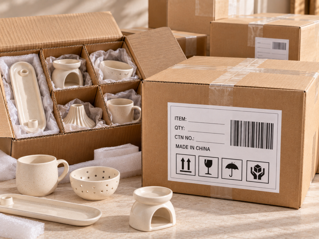Illustrative shipping carton labels and packaging marks for ceramic home decor