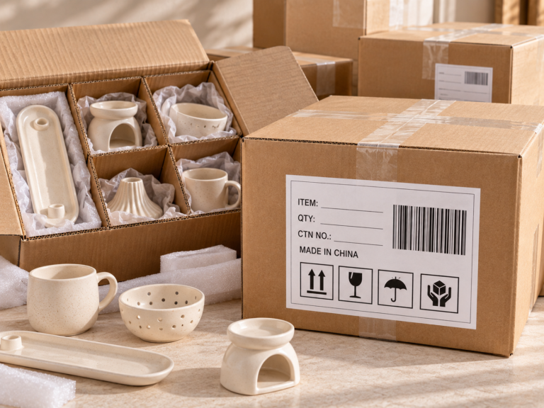 Illustrative shipping carton labels and packaging marks for ceramic home decor
