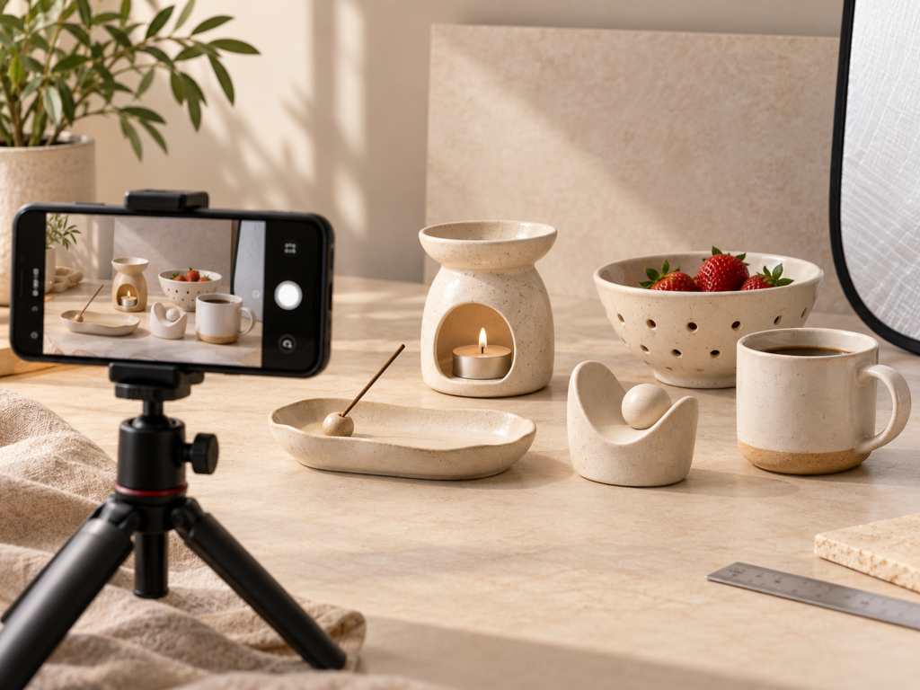 Ceramic home decor samples arranged for product photo and video review