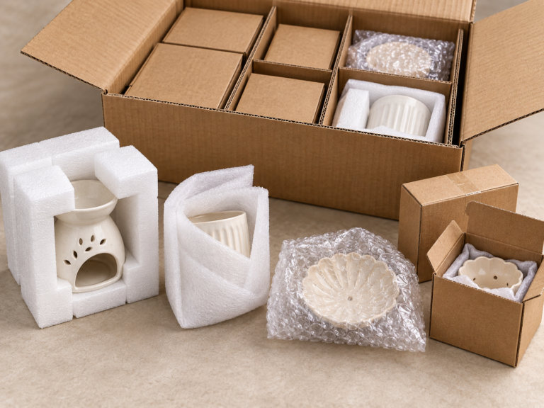 Illustrative foam, EPE and bubble wrap packaging options for ceramic home decor products
