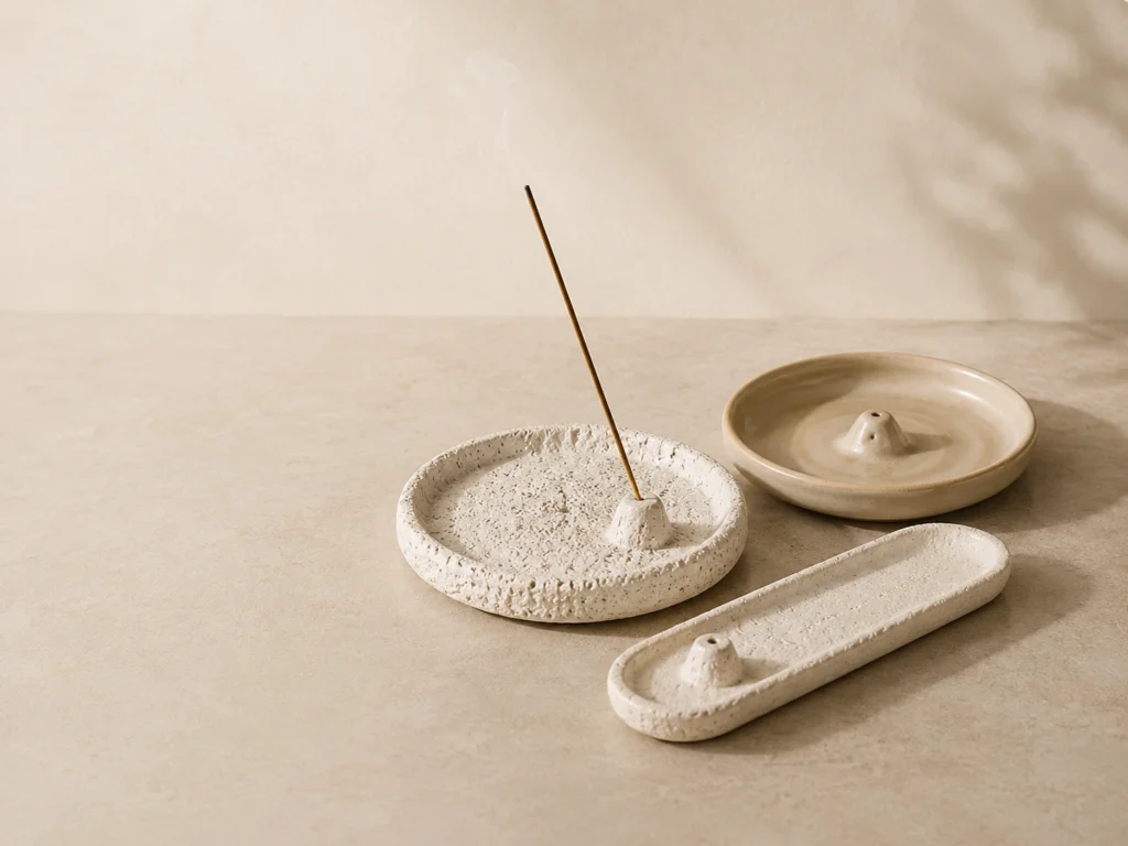 Minimalist ceramic incense stick holders and trays with a burning incense stick