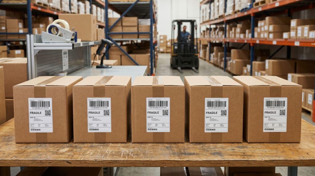Corrugated shipping cartons with labels and carton markings for ceramic wholesale orders