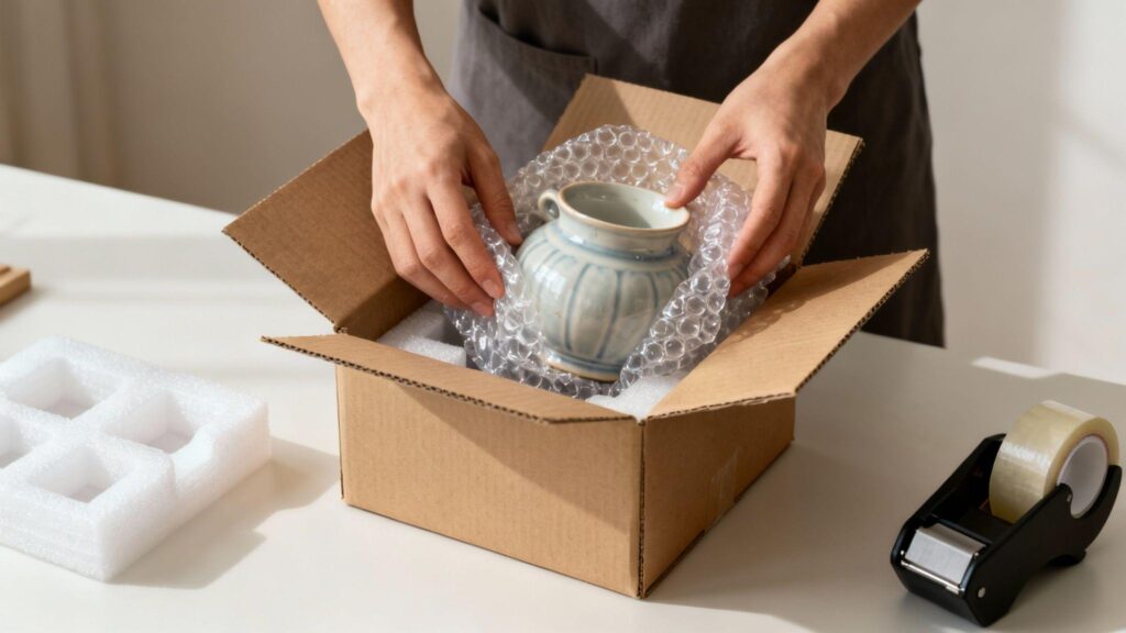 Ceramic products being packed into cardboard cartons with protective foam materials