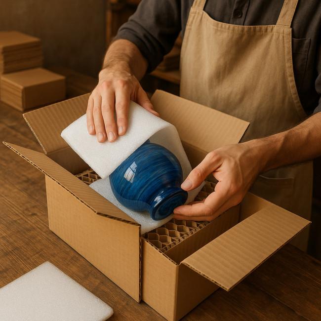 Ceramic home decor products packed in cardboard cartons with protective materials for wholesale shipping