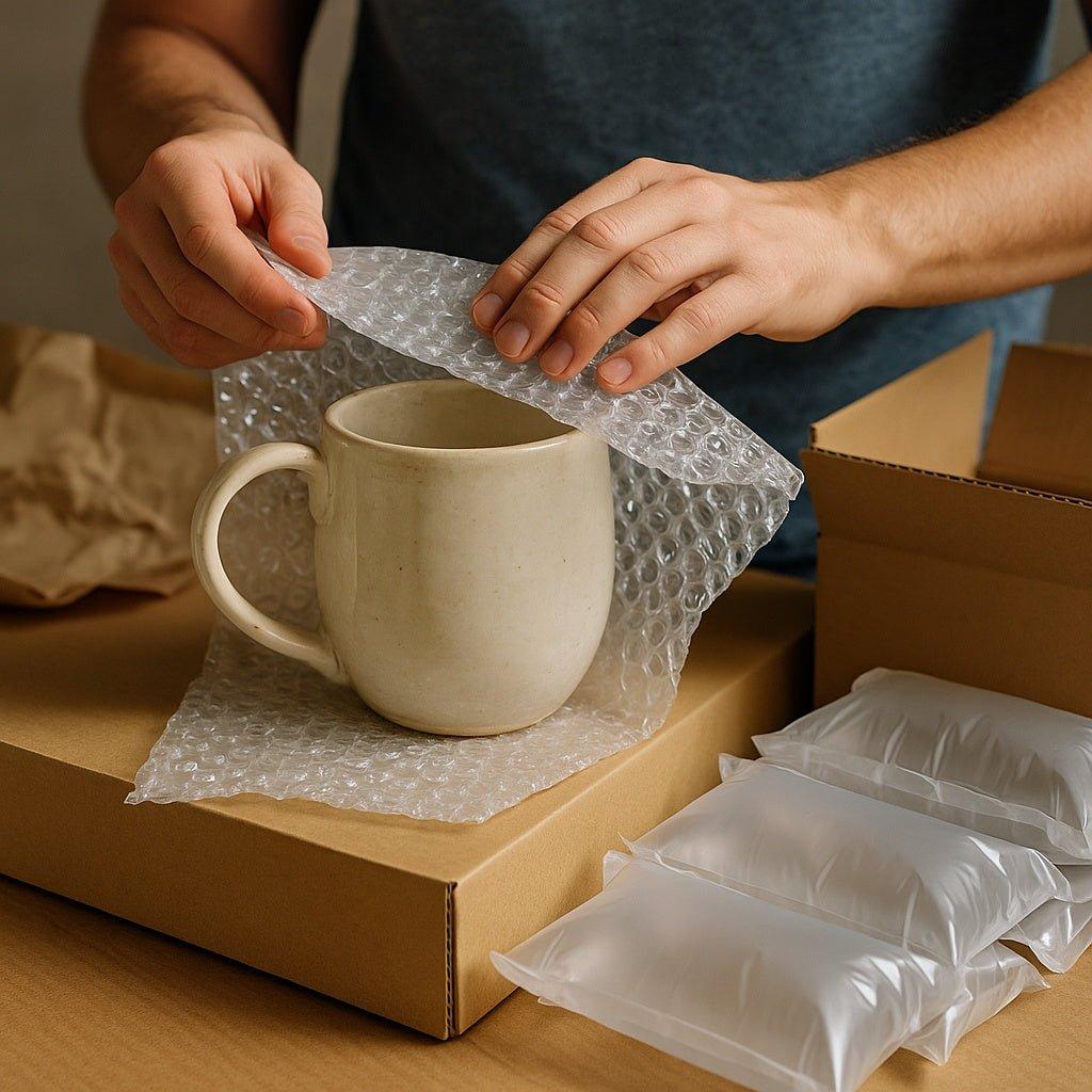 Ceramic products protected with EPE foam, bubble wrap and cardboard packaging