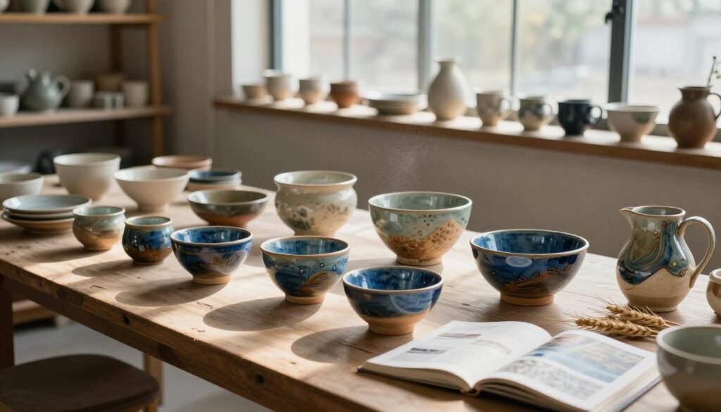 Assorted ceramic vases, mugs, bowls and home decor products displayed for B2B sourcing review