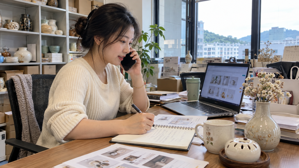 Illustrative customer inquiry support scene with a sales coordinator in a ceramic sourcing office