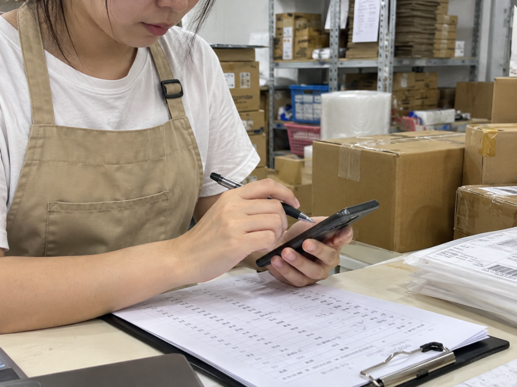 Redacted order and packing documents alongside ceramic shipment preparation photographs