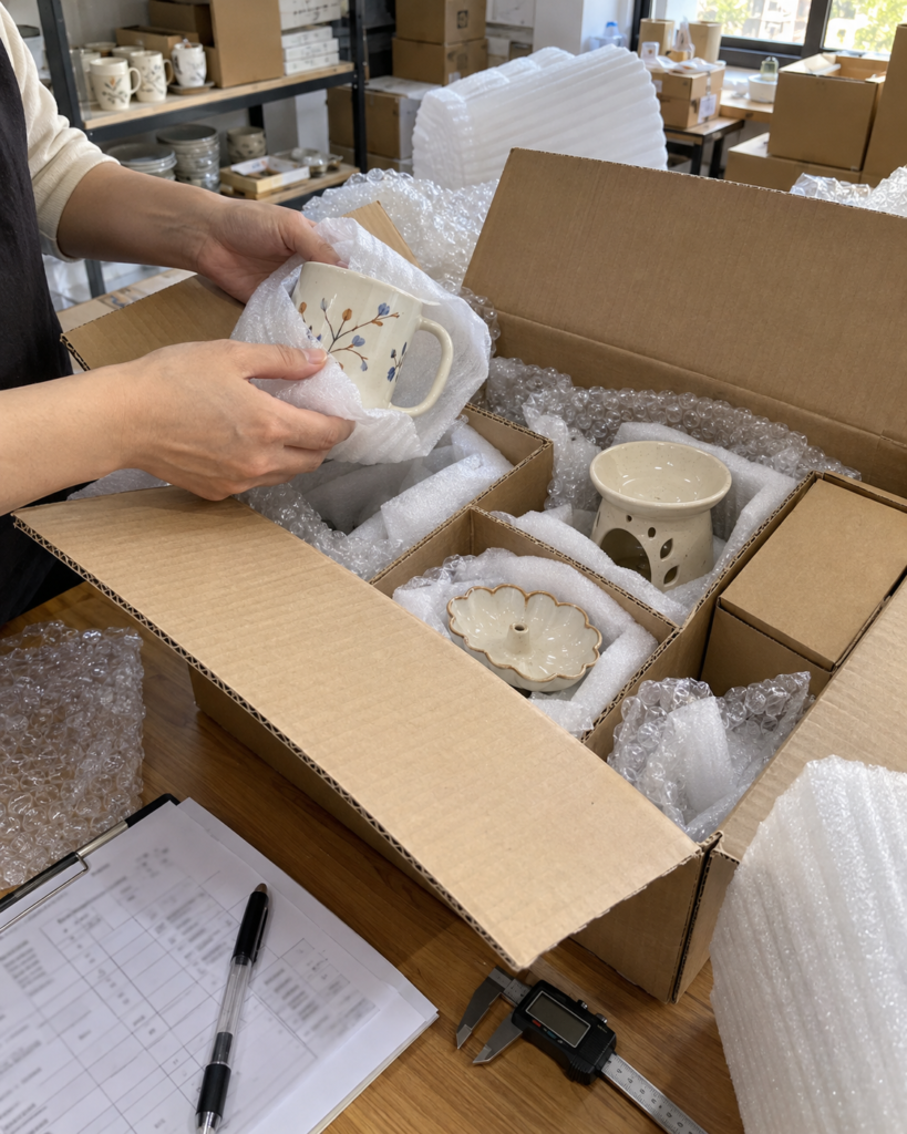 Illustrative pre-shipment review of ceramic samples, foam protection and carton packaging
