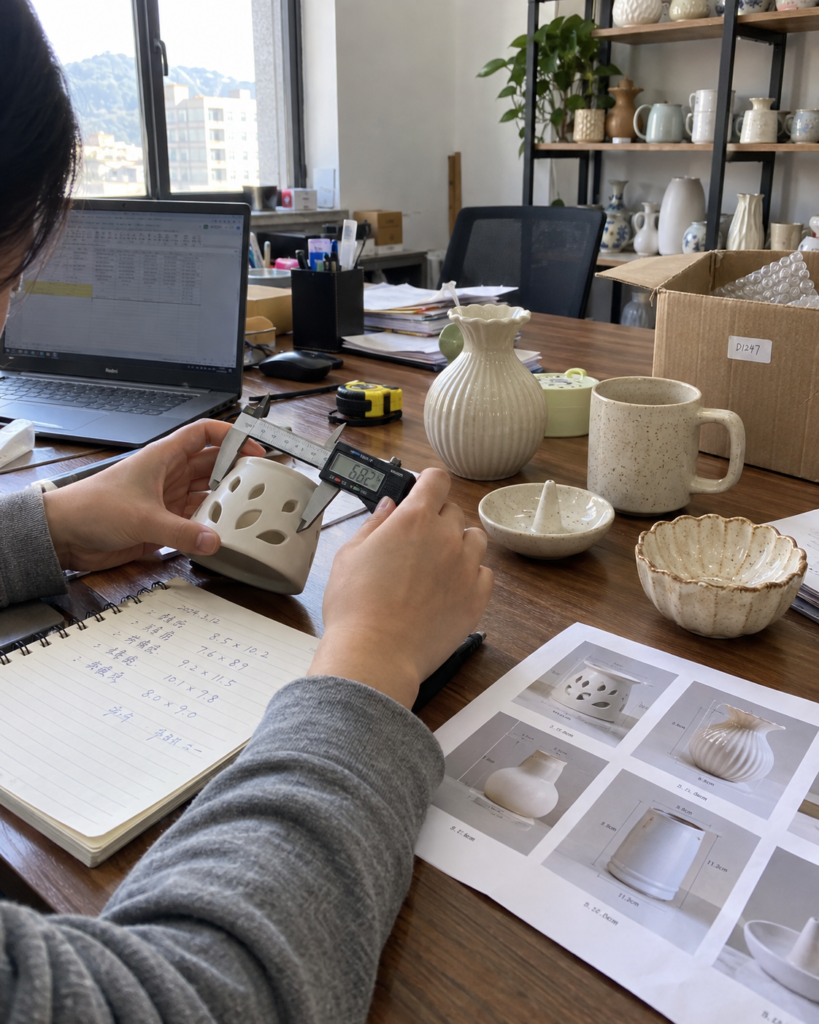 Illustrative ceramic sourcing scene showing product samples, measurement tools and reference sheets