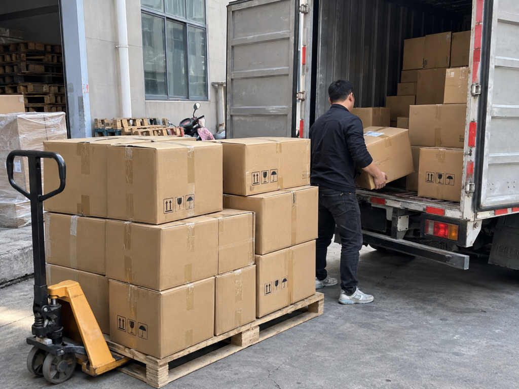 Illustrative shipping coordination scene with packed ceramic cartons and a logistics pickup vehicle