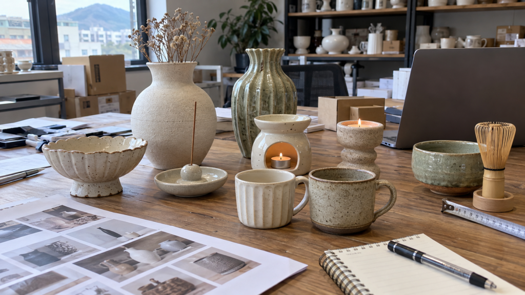 Illustrative mixed selection of ceramic vases, incense holders, oil burners and tableware for B2B sourcing