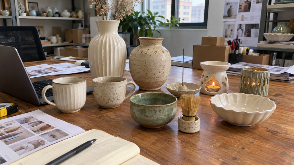 Illustrative mixed selection of ceramic vases, incense holders, oil burners and tableware for B2B sourcing