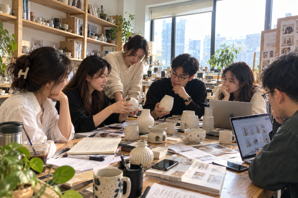 Illustrative ceramic sourcing team reviewing product samples and catalogs in an office setting