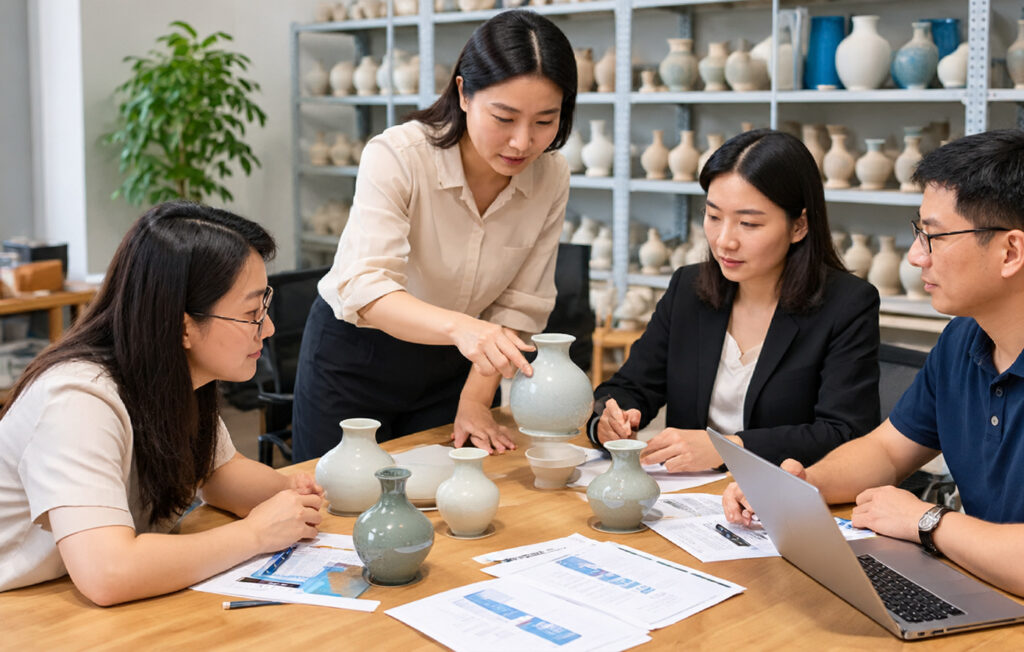 Ceramic sourcing team reviewing product samples and order details before confirmation
