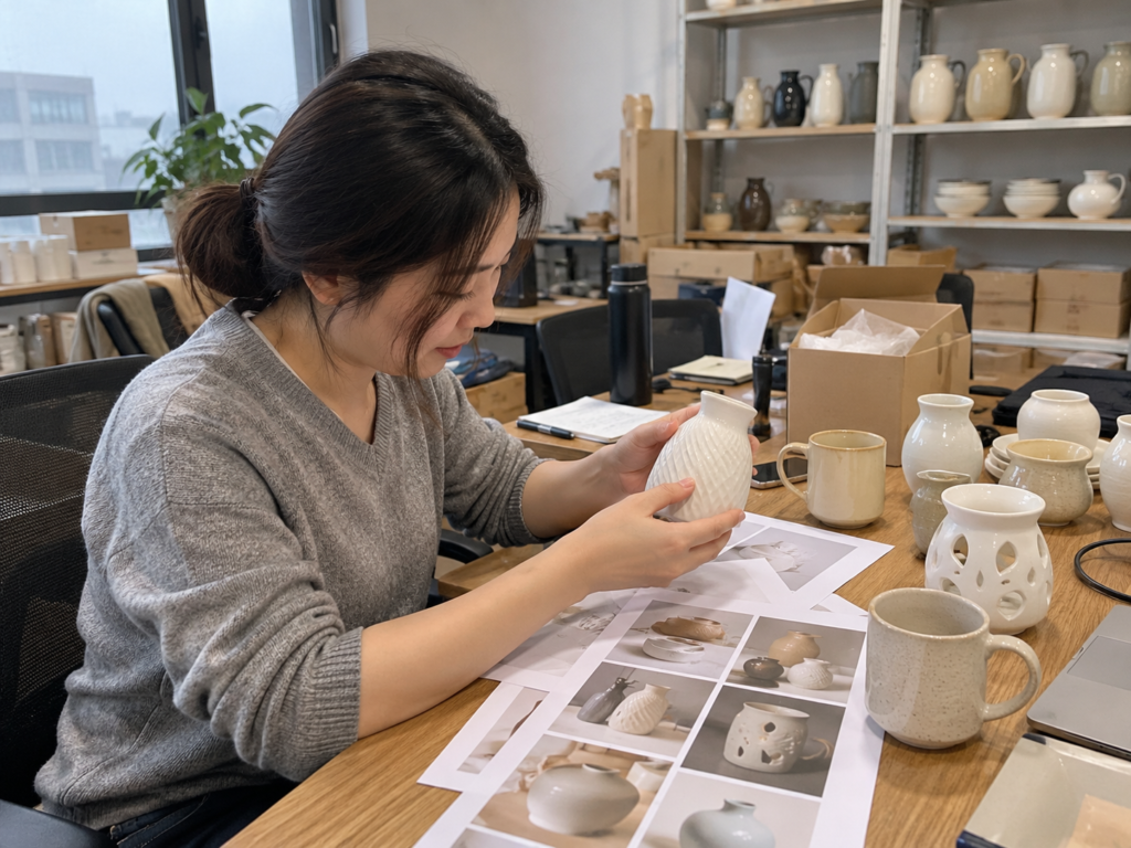 Ceramic sourcing coordinator comparing product samples with a printed ceramic home decor catalog