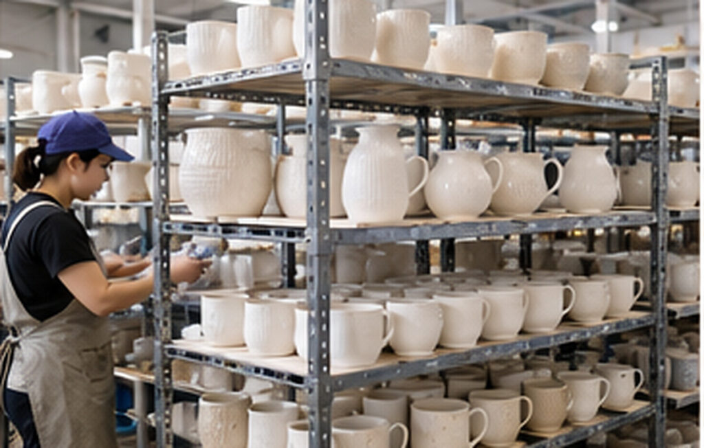Ceramic mugs and vases arranged on workshop shelving during production preparation