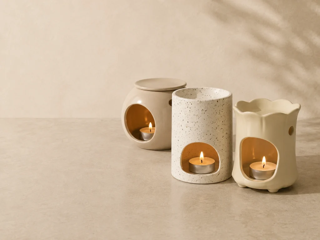Three neutral ceramic tea-light oil burners with candles in their lower openings