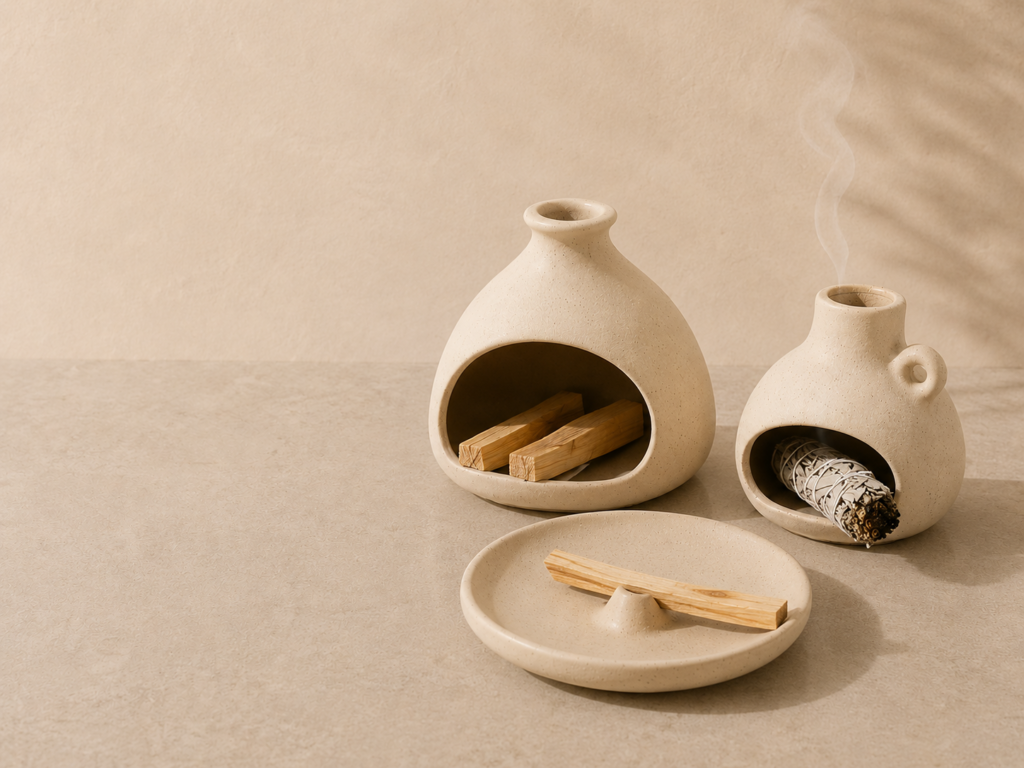 Three beige ceramic Palo Santo holders with wooden sticks and a sage bundle on a neutral stone tabletop